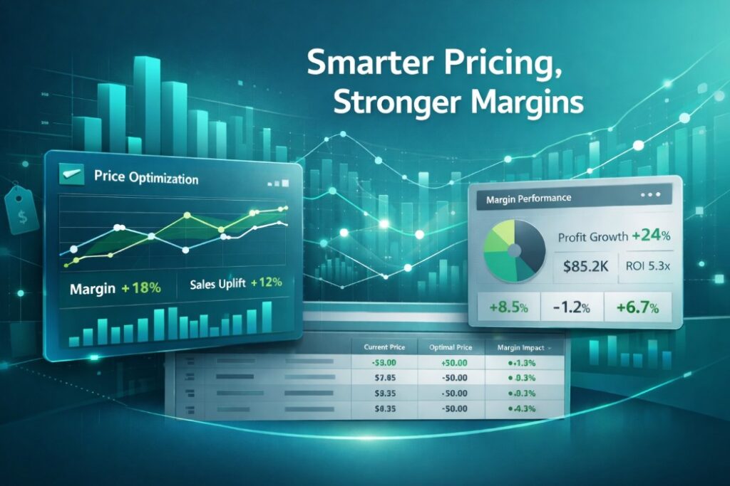 tgndata dashboard visualizing retail price optimization with margin growth and competitive pricing analytics