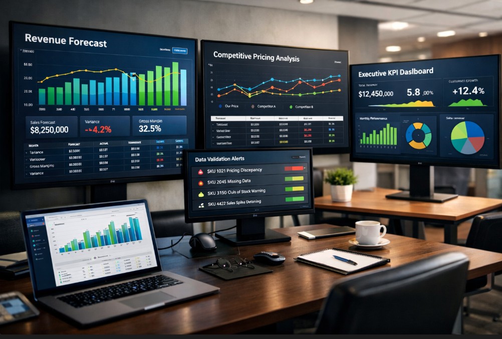 How data accuracy impacts revenue forecasting shown through real time dashboards, competitive pricing charts, and KPI panels