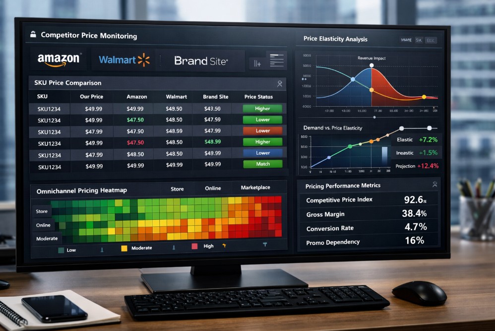 Retail competitive pricing strategy dashboard in 2026 showing real time competitor monitoring and elasticity analytics.