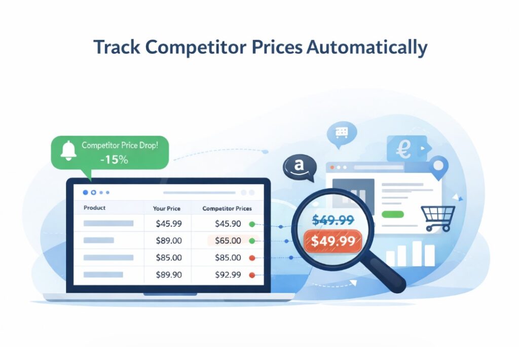 Competitor price tracking dashboard showing automated price comparison and real-time price monitoring